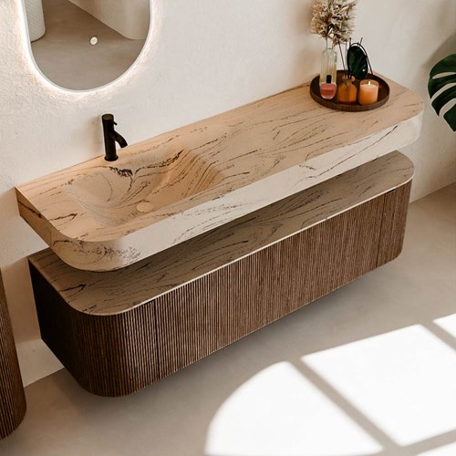 THOR-DLUX 160cm mueble de baño curva izquierda + derecha color Walnut con 1 cajón y 2 puertas. Lavabo suspendido CLOUD Izquierda 1 orificio color Arena.-2