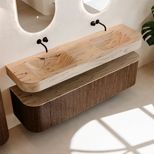 THOR-DLUX 170cm badmeubel ronding links + rechts kleur Walnut met 1 lade en 2 deuren. Vrijhangende wastafel CLOUD Dubbel zonder kraangat kleur Arena.-2