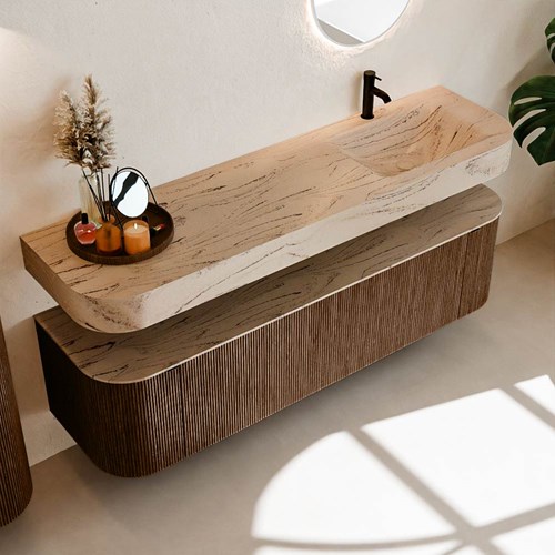 THOR-DLUX 170cm mueble de baño curva izquierda + derecha color Walnut con 1 cajón y 2 puertas. Lavabo suspendido CLOUD Derecho 1 orificio color Arena.-2