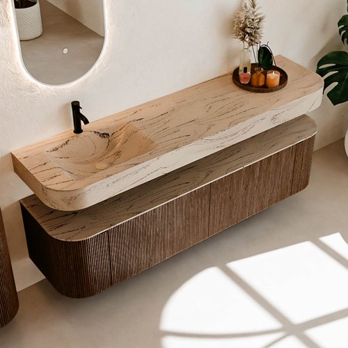 THOR-DLUX 180cm mueble de baño curva izquierda + derecha color Walnut con 2 cajones y 2 puertas. Lavabo suspendido CLOUD Izquierda 1 orificio color Arena.-2