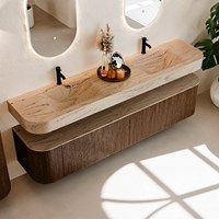 THOR-DLUX 200cm mueble de baño curva izquierda + derecha color Walnut con 2 cajones y 2 puertas. Lavabo suspendido CLOUD Doble 2 orificios color Arena.-2