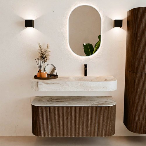 THOR-DLUX 110cm badmöbel kurve links + rechts farbe Walnut mit 1 schublade und 2 türen. Frei hängende waschtisch CLOUD Rechts 1 hahnloch farbe Frappe.-3
