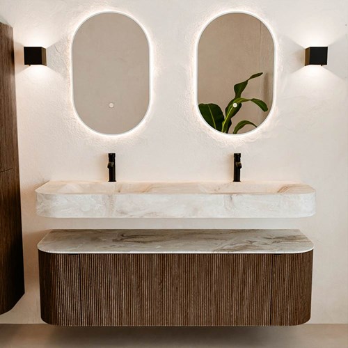 THOR-DLUX 150cm meubles de salle de bains courbe gauche + droite couleur Walnut avec 1 tiroir et 2 portes. Lavabo suspendu CLOUD Double 2 trous robinetterie couleur Frappe.-3
