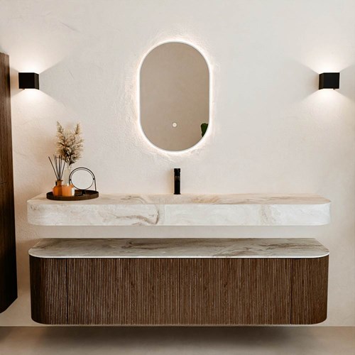 THOR-DLUX 180cm meubles de salle de bains courbe gauche + droite couleur Walnut avec 2 tiroirs et 2 portes. Lavabo suspendu CLOUD Centrée 1 trou pour robinetter couleur Frappe.-3