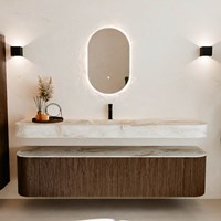 THOR-DLUX 190cm meubles de salle de bains courbe gauche + droite couleur Walnut avec 2 tiroirs et 2 portes. Lavabo suspendu CLOUD Centrée 1 trou pour robinetter couleur Frappe.-3