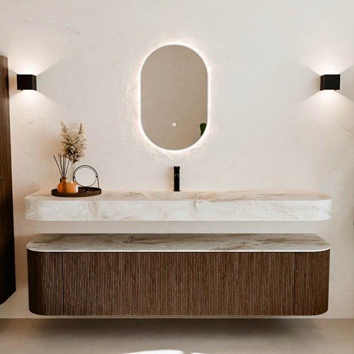THOR-DLUX 190cm meubles de salle de bains courbe gauche + droite couleur Walnut avec 2 tiroirs et 2 portes. Lavabo suspendu CLOUD Centrée 1 trou pour robinetter couleur Frappe.-3