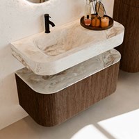 THOR-DLUX 100cm badmeubel ronding links + rechts kleur Walnut met 1 lade en 2 deuren. Vrijhangende wastafel CLOUD Links 1 kraangat kleur Frappe.-2