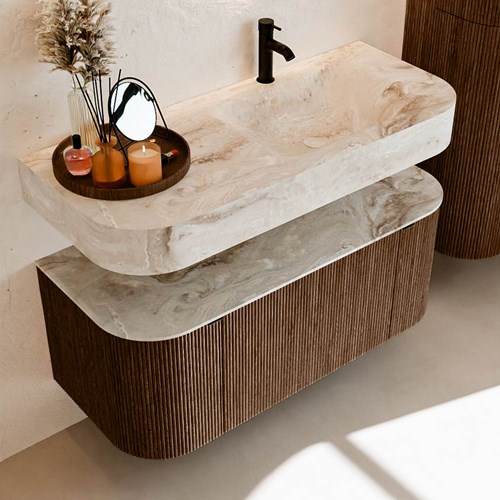 THOR-DLUX 110cm badmöbel kurve links + rechts farbe Walnut mit 1 schublade und 2 türen. Frei hängende waschtisch CLOUD Rechts 1 hahnloch farbe Frappe.-2