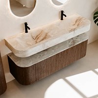 THOR-DLUX 150cm meubles de salle de bains courbe gauche + droite couleur Walnut avec 1 tiroir et 2 portes. Lavabo suspendu CLOUD Double 2 trous robinetterie couleur Frappe.-2