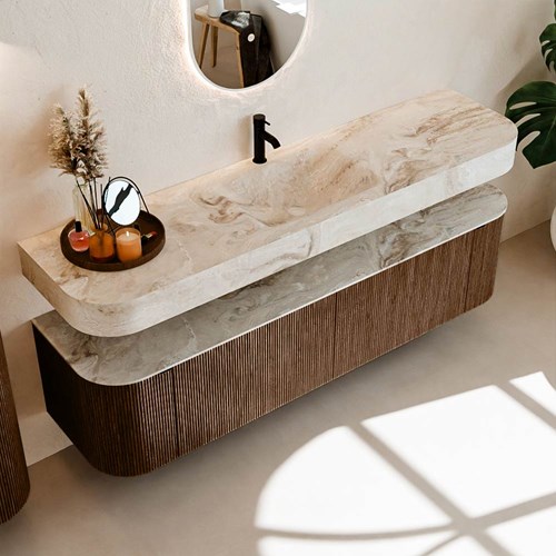 THOR-DLUX 180cm meubles de salle de bains courbe gauche + droite couleur Walnut avec 2 tiroirs et 2 portes. Lavabo suspendu CLOUD Centrée 1 trou pour robinetter couleur Frappe.-2