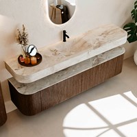THOR-DLUX 190cm meubles de salle de bains courbe gauche + droite couleur Walnut avec 2 tiroirs et 2 portes. Lavabo suspendu CLOUD Centrée 1 trou pour robinetter couleur Frappe.-2