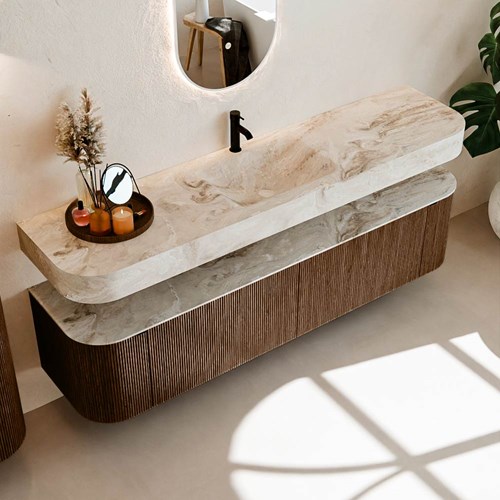 THOR-DLUX 190cm meubles de salle de bains courbe gauche + droite couleur Walnut avec 2 tiroirs et 2 portes. Lavabo suspendu CLOUD Centrée 1 trou pour robinetter couleur Frappe.-2