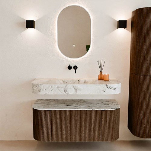 THOR-DLUX 110cm badmeubel ronding links + rechts kleur Walnut met 1 lade en 2 deuren. Vrijhangende wastafel CLOUD Midden zonder kraangat kleur Glace.-3