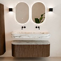 THOR-DLUX 120cm meubles de salle de bains courbe gauche + droite couleur Walnut avec 1 tiroir et 2 portes. Lavabo suspendu CLOUD Double sans trou pour robinet couleur Glace.-3