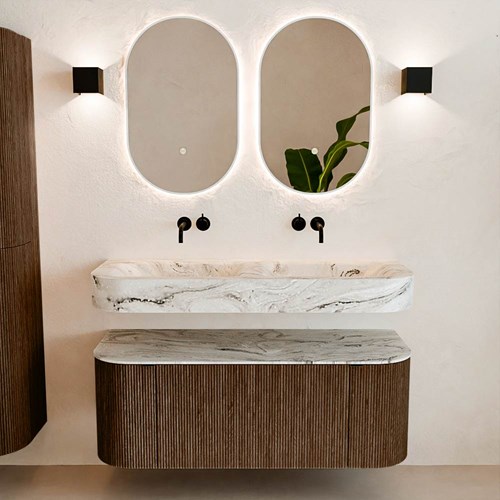 THOR-DLUX 120cm meubles de salle de bains courbe gauche + droite couleur Walnut avec 1 tiroir et 2 portes. Lavabo suspendu CLOUD Double sans trou pour robinet couleur Glace.-3