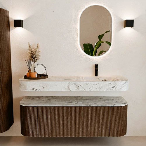 THOR-DLUX 140cm mueble de baño curva izquierda + derecha color Walnut con 1 cajón y 2 puertas. Lavabo suspendido CLOUD Derecho 1 orificio color Glace.-3