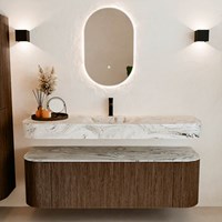 THOR-DLUX 150cm bathroom vanity set curve left + right color Walnut with 1 drawer and 2 doors. Floating sink CLOUD Center 1 tab hole color Glace.-3