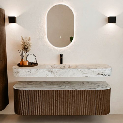 THOR-DLUX 150cm bathroom vanity set curve left + right color Walnut with 1 drawer and 2 doors. Floating sink CLOUD Center 1 tab hole color Glace.-3
