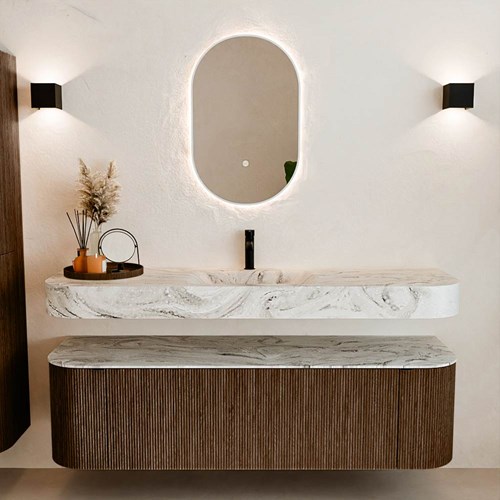 THOR-DLUX 160cm bathroom vanity set curve left + right color Walnut with 1 drawer and 2 doors. Floating sink CLOUD Center 1 tab hole color Glace.-3