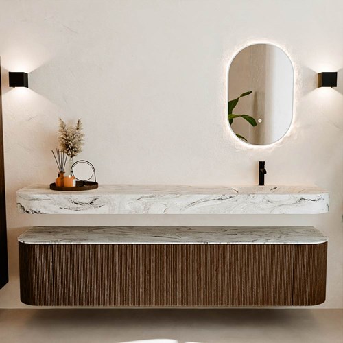 THOR-DLUX 200cm mueble de baño curva izquierda + derecha color Walnut con 2 cajones y 2 puertas. Lavabo suspendido CLOUD Derecho 1 orificio color Glace.-3