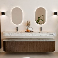 THOR-DLUX 200cm mueble de baño curva izquierda + derecha color Walnut con 2 cajones y 2 puertas. Lavabo suspendido CLOUD Doble 2 orificios color Glace.-3