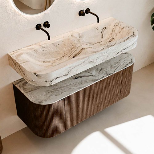 THOR-DLUX 120cm meubles de salle de bains courbe gauche + droite couleur Walnut avec 1 tiroir et 2 portes. Lavabo suspendu CLOUD Double sans trou pour robinet couleur Glace.-2