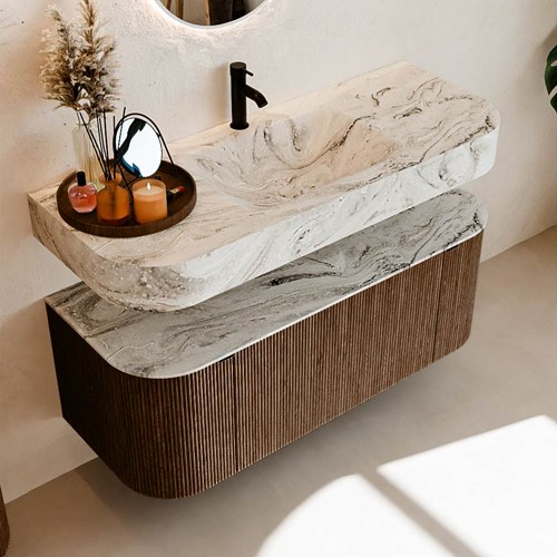 THOR-DLUX 120cm bathroom vanity set curve left + right color Walnut with 1 drawer and 2 doors. Floating sink CLOUD Center 1 tab hole color Glace.-2