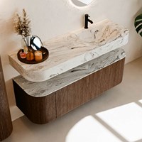 THOR-DLUX 140cm mueble de baño curva izquierda + derecha color Walnut con 1 cajón y 2 puertas. Lavabo suspendido CLOUD Derecho 1 orificio color Glace.-2