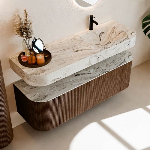 THOR-DLUX 140cm mueble de baño curva izquierda + derecha color Walnut con 1 cajón y 2 puertas. Lavabo suspendido CLOUD Derecho 1 orificio color Glace.-2