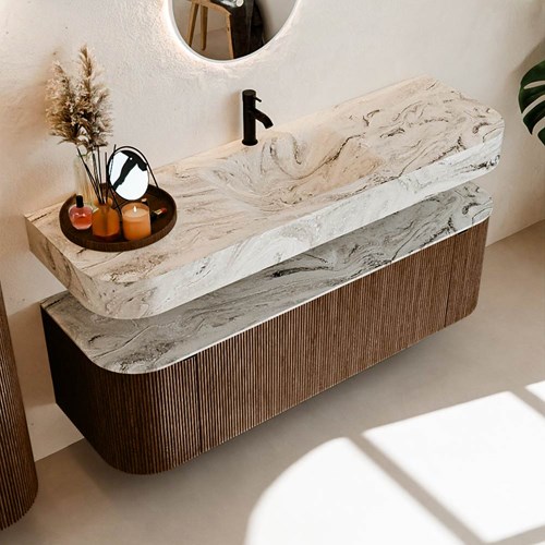THOR-DLUX 150cm bathroom vanity set curve left + right color Walnut with 1 drawer and 2 doors. Floating sink CLOUD Center 1 tab hole color Glace.-2