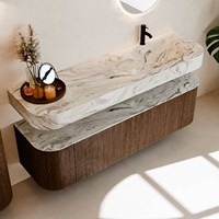 THOR-DLUX 160cm mueble de baño curva izquierda + derecha color Walnut con 1 cajón y 2 puertas. Lavabo suspendido CLOUD Derecho 1 orificio color Glace.-2