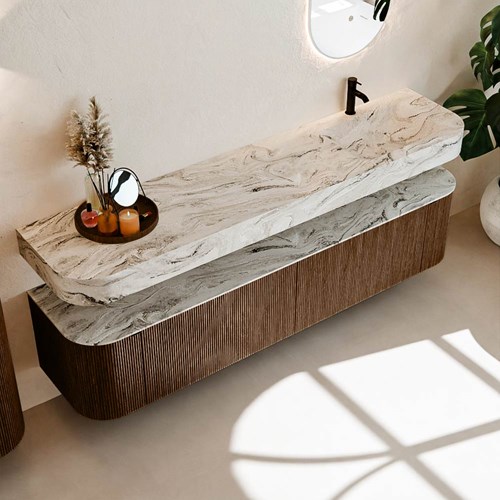 THOR-DLUX 200cm meubles de salle de bains courbe gauche + droite couleur Walnut avec 2 tiroirs et 2 portes. Lavabo suspendu CLOUD Droite 1 trou pour robinetter couleur Glace.-2