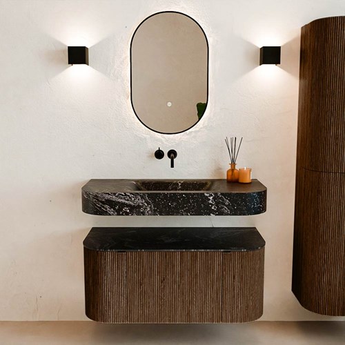THOR-DLUX 100cm badmöbel kurve links + rechts farbe Walnut mit 1 schublade und 2 türen. Frei hängende waschtisch CLOUD Mittig kein hahnloch farbe Lava.-3