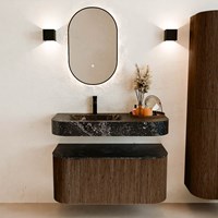 THOR-DLUX 100cm badmöbel kurve links + rechts farbe Walnut mit 1 schublade und 2 türen. Frei hängende waschtisch CLOUD Links 1 hahnloch farbe Lava.-3