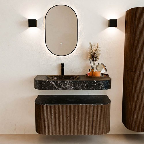 THOR-DLUX 100cm badmöbel kurve links + rechts farbe Walnut mit 1 schublade und 2 türen. Frei hängende waschtisch CLOUD Links 1 hahnloch farbe Lava.-3