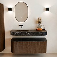 THOR-DLUX 120cm badmeubel ronding links + rechts kleur Walnut met 1 lade en 2 deuren. Vrijhangende wastafel CLOUD Links zonder kraangat kleur Lava.-3