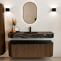 THOR-DLUX 140cm bathroom vanity set curve left + right color Walnut with 1 drawer and 2 doors. Floating sink CLOUD Center 1 tab hole color Lava.-3