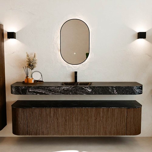 THOR-DLUX 190cm badmöbel kurve links + rechts farbe Walnut mit 2 schubladen und 2 türen. Frei hängende waschtisch CLOUD Mittig 1 hahnloch farbe Lava.-3