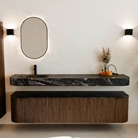 THOR-DLUX 190cm bathroom vanity set curve left + right color Walnut with 2 drawers and 2 doors. Floating sink CLOUD Left 1 tab hole color Lava.-3