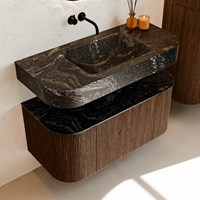 THOR-DLUX 100cm badmöbel kurve links + rechts farbe Walnut mit 1 schublade und 2 türen. Frei hängende waschtisch CLOUD Mittig kein hahnloch farbe Lava.-2