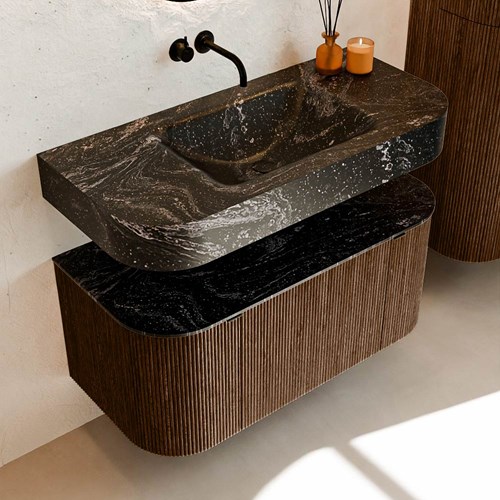 THOR-DLUX 100cm badmöbel kurve links + rechts farbe Walnut mit 1 schublade und 2 türen. Frei hängende waschtisch CLOUD Mittig kein hahnloch farbe Lava.-2