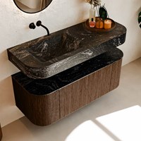 THOR-DLUX 120cm badmeubel ronding links + rechts kleur Walnut met 1 lade en 2 deuren. Vrijhangende wastafel CLOUD Links zonder kraangat kleur Lava.-2