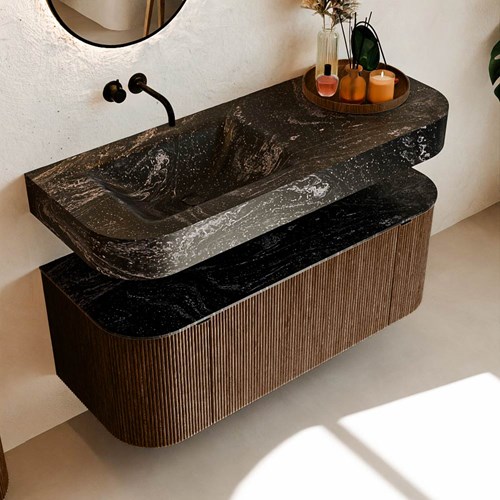 THOR-DLUX 120cm badmeubel ronding links + rechts kleur Walnut met 1 lade en 2 deuren. Vrijhangende wastafel CLOUD Links zonder kraangat kleur Lava.-2