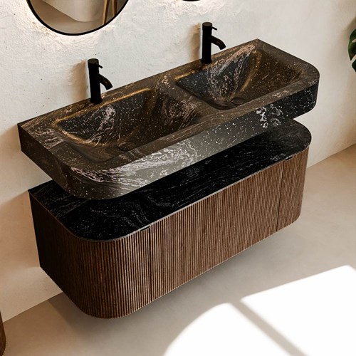 THOR-DLUX 120cm badmöbel kurve links + rechts farbe Walnut mit 1 schublade und 2 türen. Frei hängende waschtisch CLOUD Doppelt 2 hahnlöcher farbe Lava.-2