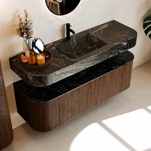 THOR-DLUX 140cm bathroom vanity set curve left + right color Walnut with 1 drawer and 2 doors. Floating sink CLOUD Center 1 tab hole color Lava.-2