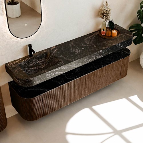 THOR-DLUX 190cm bathroom vanity set curve left + right color Walnut with 2 drawers and 2 doors. Floating sink CLOUD Left 1 tab hole color Lava.-2