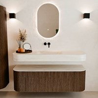 THOR-DLUX 140cm meubles de salle de bains courbe gauche + droite couleur Walnut avec 1 tiroir et 2 portes. Lavabo suspendu CLOUD Centrée sans trou pour robinet couleur Meli.-3