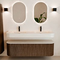THOR-DLUX 150cm bathroom vanity set curve left + right color Walnut with 1 drawer and 2 doors. Wall mounted sink CLOUD Double 2 tab holes color Meli.-3