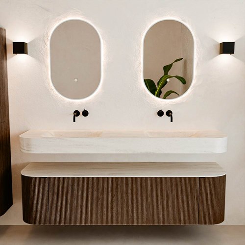 THOR-DLUX 170cm mueble de baño curva izquierda + derecha color Walnut con 1 cajón y 2 puertas. Lavabo suspendido CLOUD Doble sin orificio color Meli.-3
