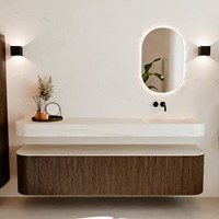 THOR-DLUX 190cm meubles de salle de bains courbe gauche + droite couleur Walnut avec 2 tiroirs et 2 portes. Lavabo suspendu CLOUD Droite sans trou pour robinet couleur Meli.-3